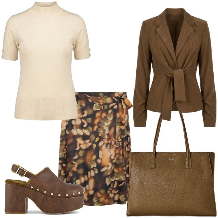 Outfit donna - La prima campanella. Stile Etnico per Scuola/Università. Abbinamento con shopping bag, gonne longuette, blazer, t-shirt, sabot.