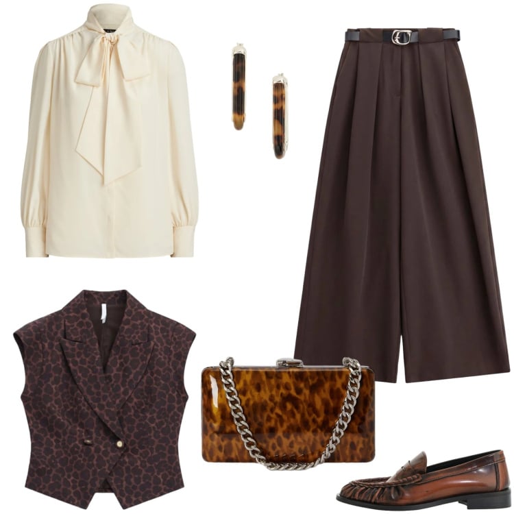 Outfit donna - Chic Urban Animalier. Stile Glamour per Tutti i giorni. Abbinamento con pantaloni a palazzo, gilet, mocassini, camicie, clutch, orecchini.