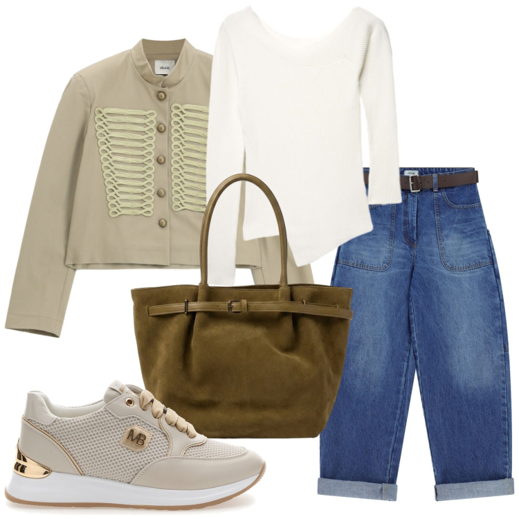 Outfit donna - Total look #2469362. Stile Trendy per Tutti i giorni. Abbinamento con jeans, blazer, maglieria, borse a spalla, sneakers.