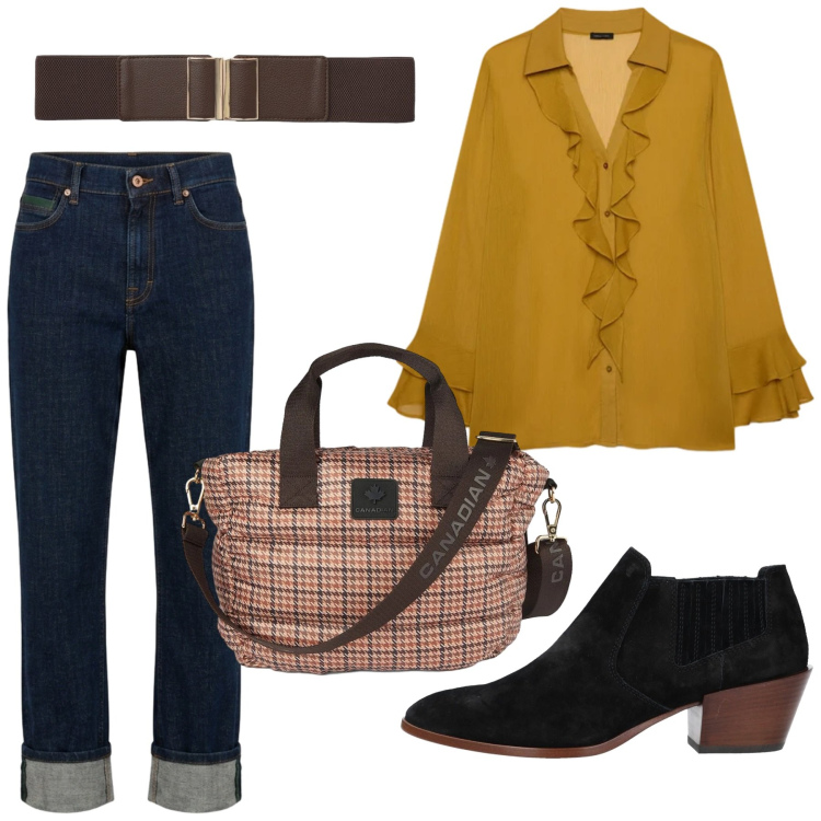 Outfit donna - Total look #2469365. Stile Casual chic per Tutti i giorni. Abbinamento con stivaletti, jeans dritti, cinture, bluse, borse tote.
