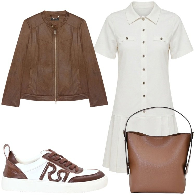 Outfit donna - Chemisier sporty chic. Stile Casual per Tutti i giorni. Abbinamento con vestiti chemisier, borse a mano, sneakers, blazer.
