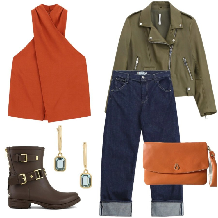 Outfit donna - Deep indigo. Stile Casual chic per Tutti i giorni. Abbinamento con giacche, top, jeans dritti, pochette, orecchini, stivaletti.