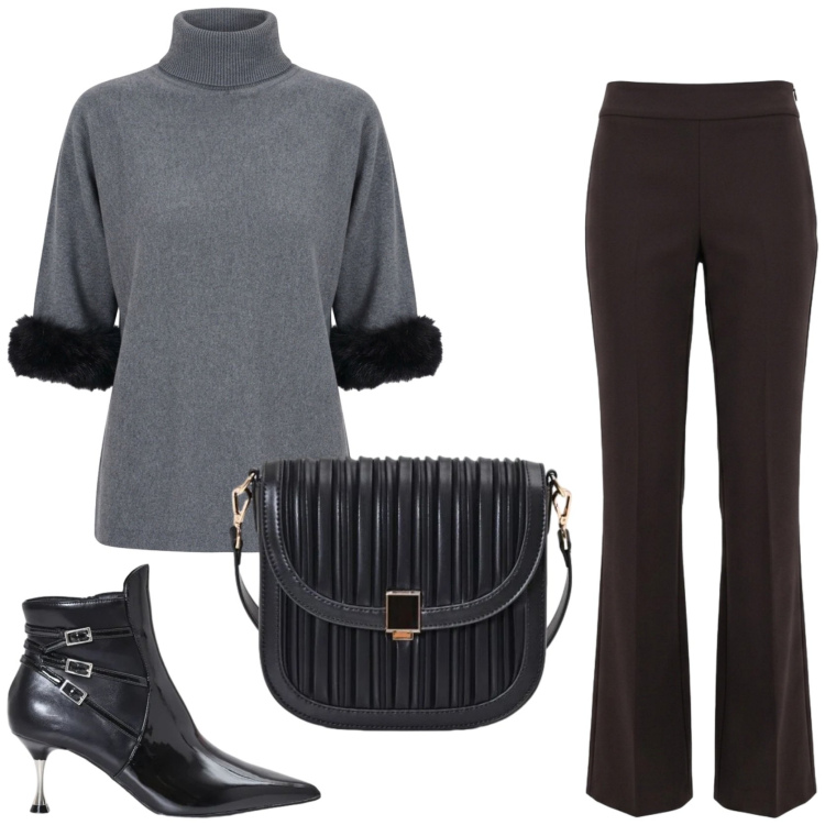 Outfit donna - Nuove maglie autunnali. Stile Chic per Ufficio. Abbinamento con maglieria, borse a tracolla, stivaletti, pantaloni.