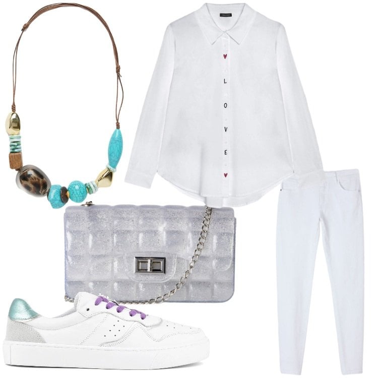 Outfit donna - Bianco love. Stile Casual per Tutti i giorni. Abbinamento con borse a tracolla, pantaloni skinny, camicie, collane, sneakers.