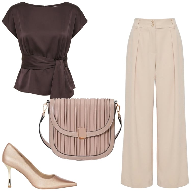 Outfit donna - Femminile in ufficio. Stile Chic per Ufficio. Abbinamento con pantaloni a palazzo, borse a tracolla, bluse, décolleté.