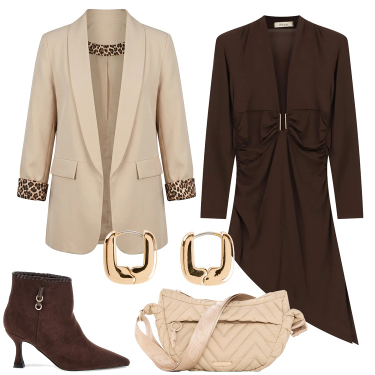 Outfit donna - Autunno color cioccolato. Stile Chic per Tutti i giorni. Abbinamento con orecchini, marsupi, vestiti asimmetrici, blazer, stivaletti.