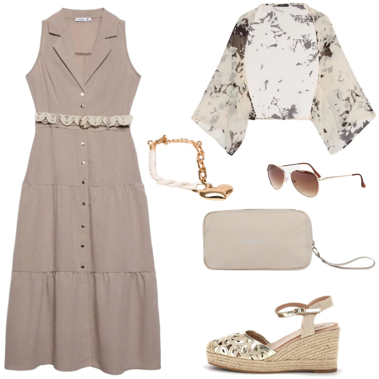 Outfit donna - Chemisier per il caldo di settembre. Stile Romantica per Tutti i giorni. Abbinamento con occhiali da sole, vestiti chemisier, valigie, bolero, braccialetti, zeppe.