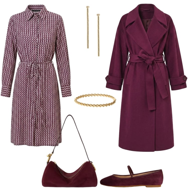 Outfit donna - Amaranto e oro verso l\'autunno. Stile Romantica per Ufficio. Abbinamento con vestiti chemisier, cappotti, ballerine, orecchini, borse a spalla, braccialetti.