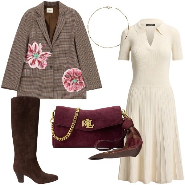 Outfit donna - Blazer tartan. Stile Casual chic per Tutti i giorni. Abbinamento con blazer, collane, borse a tracolla, stivali, vestiti.