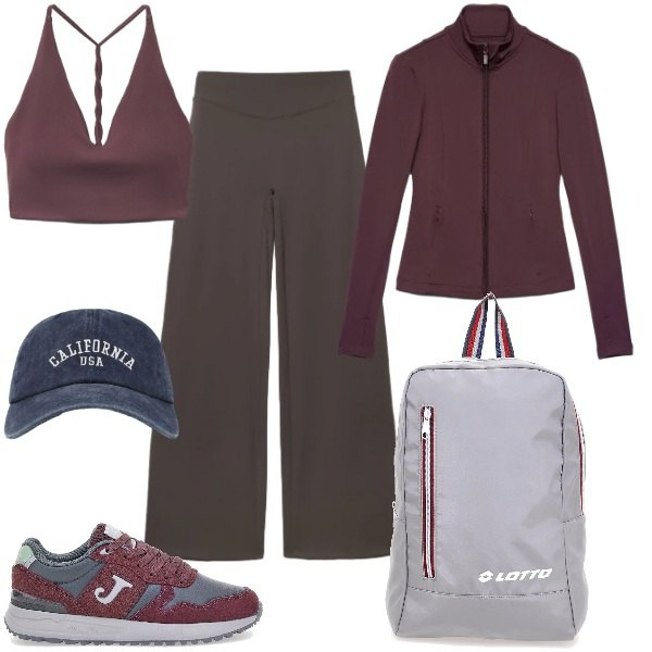 Outfit donna - Total look #2469389. Stile Sporty chic per Sport. Abbinamento con cappelli con visiera, felpe sportive, top sportivi, leggings sportivo, zaini, sneakers.