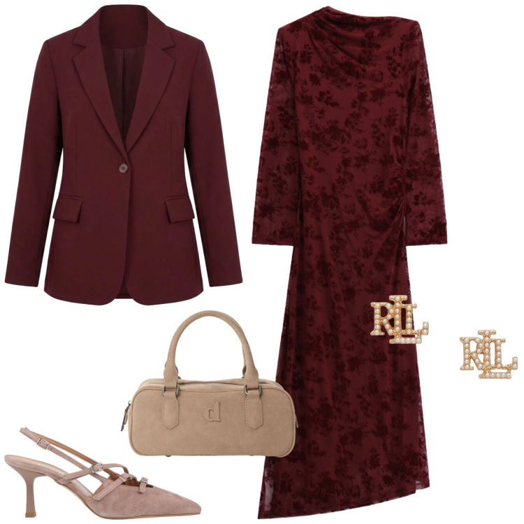 Outfit donna - Serata fuori. Stile Chic per Serata fuori. Abbinamento con décolleté, vestiti midi/longuette, borse a mano, blazer, orecchini.