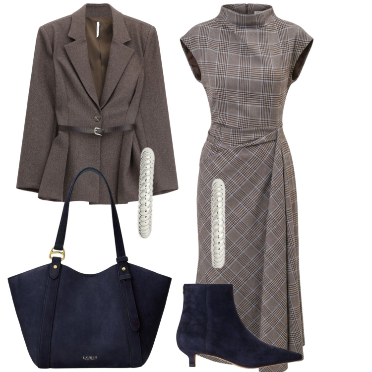Outfit donna - In città. Stile Chic per Tutti i giorni. Abbinamento con blazer, vestiti asimmetrici, orecchini, borse tote, stivaletti.