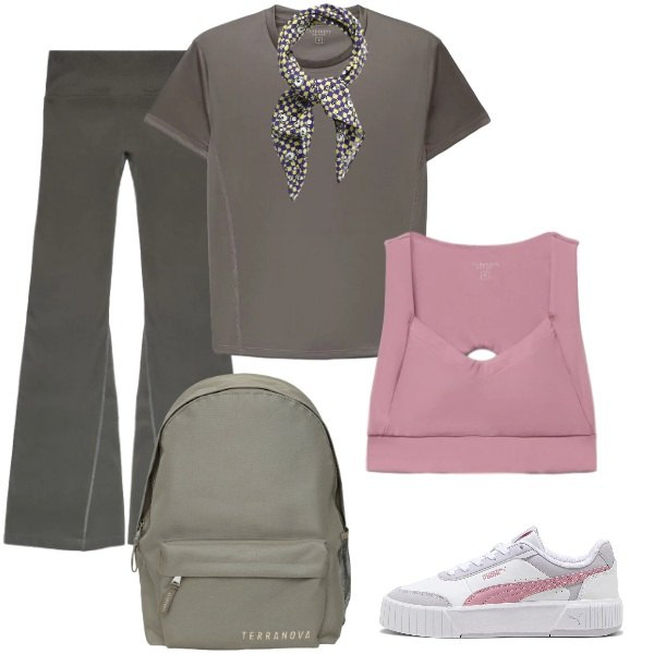Outfit donna - Total look #2469400. Stile Sporty chic per Sport. Abbinamento con top sportivi, zaini, foulard, leggings sportivo, t-shirt sportive, sneakers.