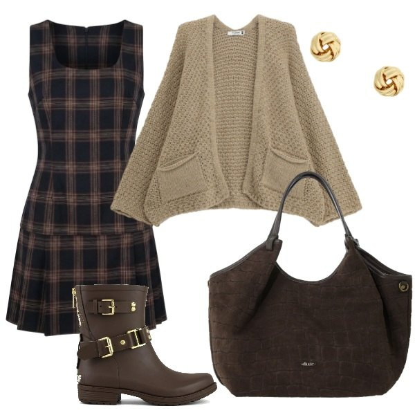 Outfit donna - Total look #2469403. Stile Vintage retrò per Tutti i giorni. Abbinamento con borse a spalla, cardigans, vestiti corti, orecchini, stivaletti.