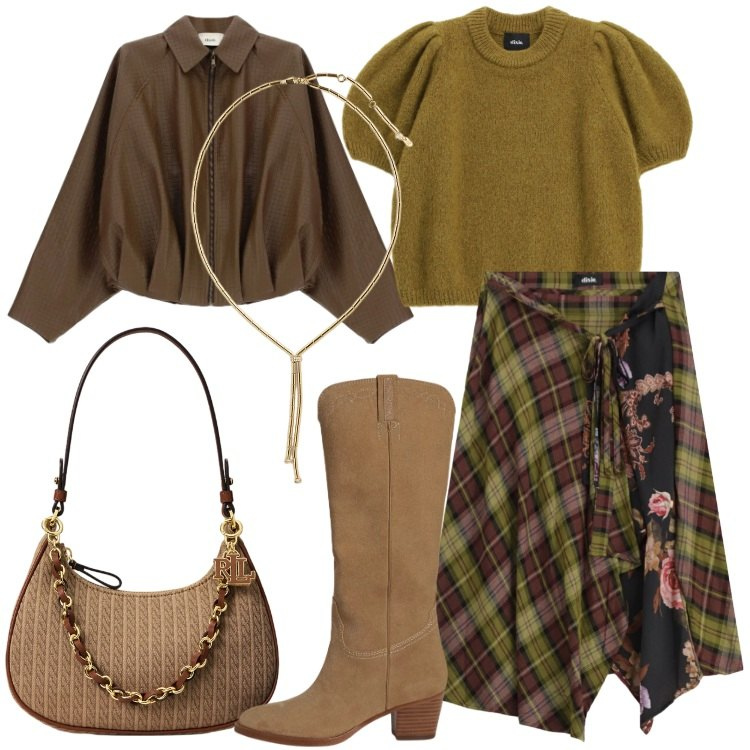Outfit donna - Tartan & Fall Colors. Stile Trendy per Tutti i giorni. Abbinamento con pullovers, gonne longuette, giacche, collane, borse a spalla, stivali.