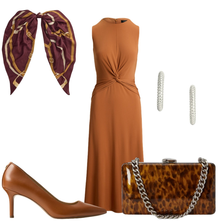Outfit donna - Vestirsi in marrone. Stile Glamour per Serata fuori. Abbinamento con décolleté, orecchini, vestiti senza maniche, clutch, foulard.