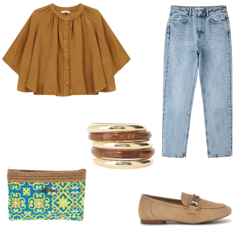 Outfit donna - Total look #2469411. Abbinamento con braccialetti, camicie, jeans mom, mocassini, pochette.