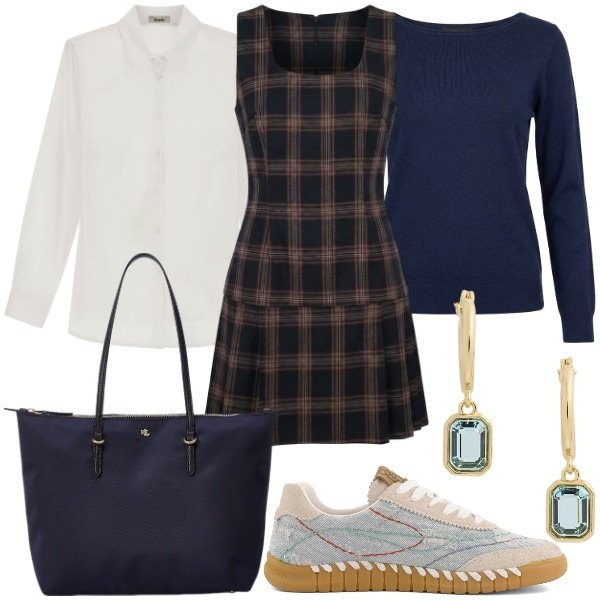 Outfit donna - Tartan & Fall. Stile Sporty chic per Sport. Abbinamento con camicie, vestiti corti, maglieria, borse tote, orecchini, sneakers.