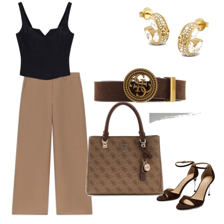 Outfit mujer - Chic #8458. Estilo Chic para Todos los días. Combinación con pantalones, top, sandalias de tacón, bolsos de mano, pendientes, cinturones.