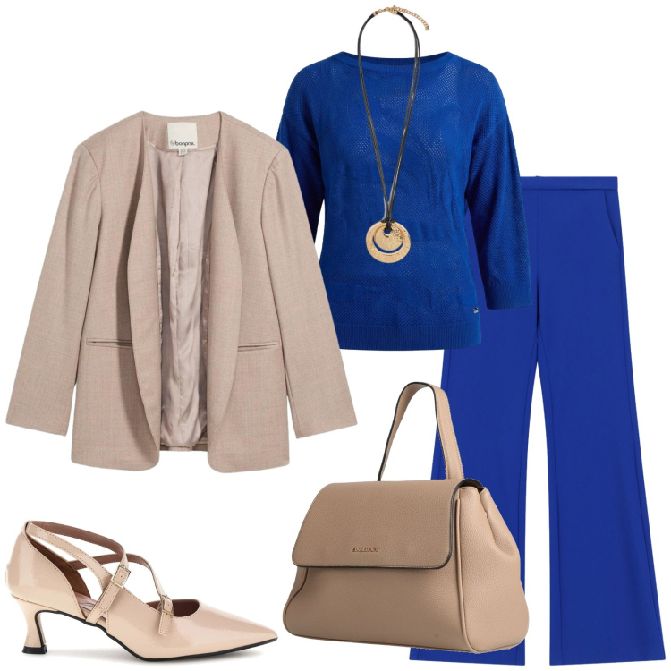 Outfit donna - Total look #2469431. Stile Chic per Ufficio. Abbinamento con zaini, blazer, maglieria, pantaloni, ciondoli, décolleté.