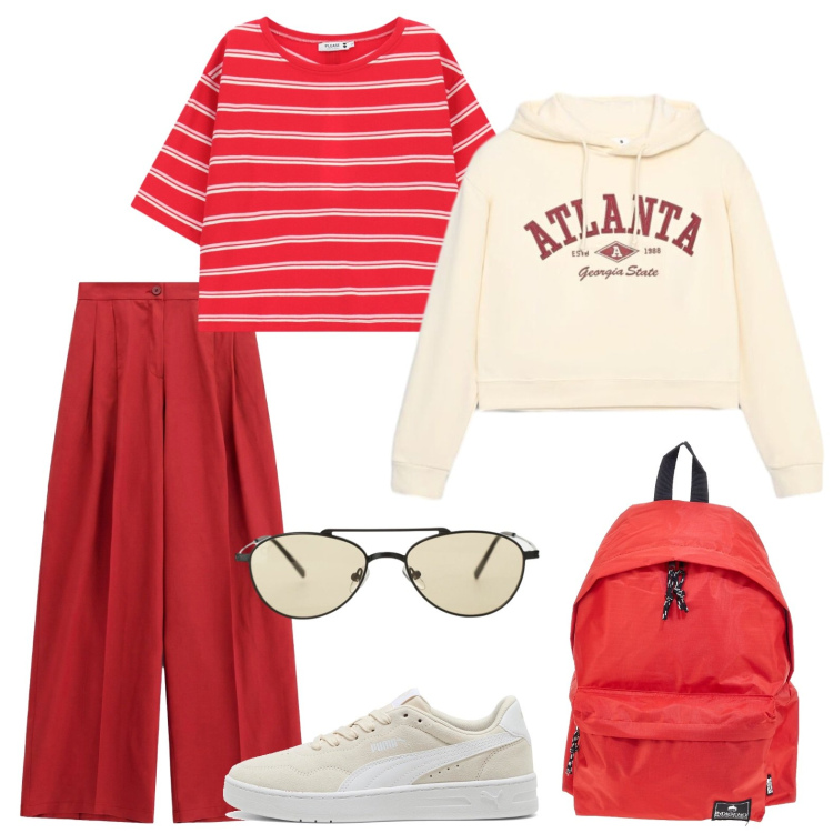 Outfit donna - Rosso per il weekend. Stile Basic per Tutti i giorni. Abbinamento con pantaloni a palazzo, occhiali da sole, felpe con cappuccio, t-shirt, sneakers, zaini.