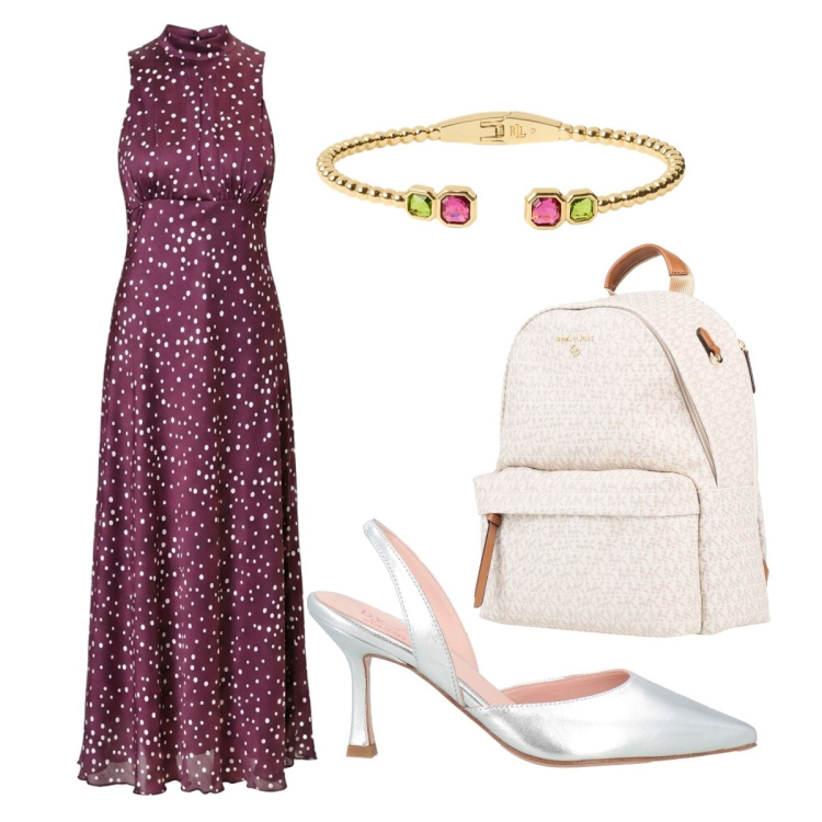 Outfit donna - Evento serale. Stile Casual chic per Serata fuori. Abbinamento con zaini, décolleté, vestiti lunghi, braccialetti.