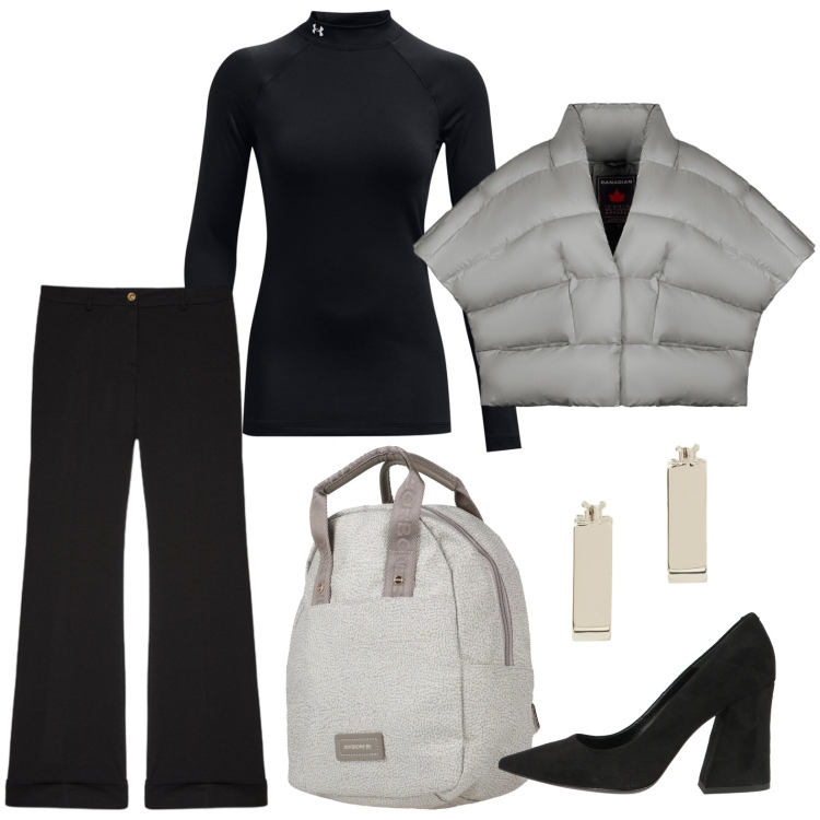 Outfit donna - Nero con un tocco di grigio. Stile Glamour per Ufficio. Abbinamento con zaini, décolleté, pantaloni, piumini, orecchini, pullovers.