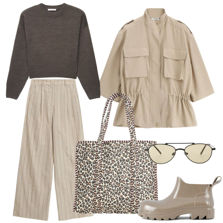 Outfit donna - Acquazzone improvviso. Stile Casual per Tutti i giorni. Abbinamento con shopping bag, occhiali da sole, pantaloni a palazzo, maglieria, parka, stivali.