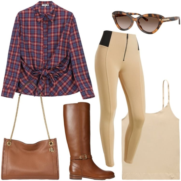 Outfit donna - Stile amazzone. Stile Casual chic per Tutti i giorni. Abbinamento con camicie, pantaloni skinny, stivali, borse tote, magliette intime, occhiali da sole.