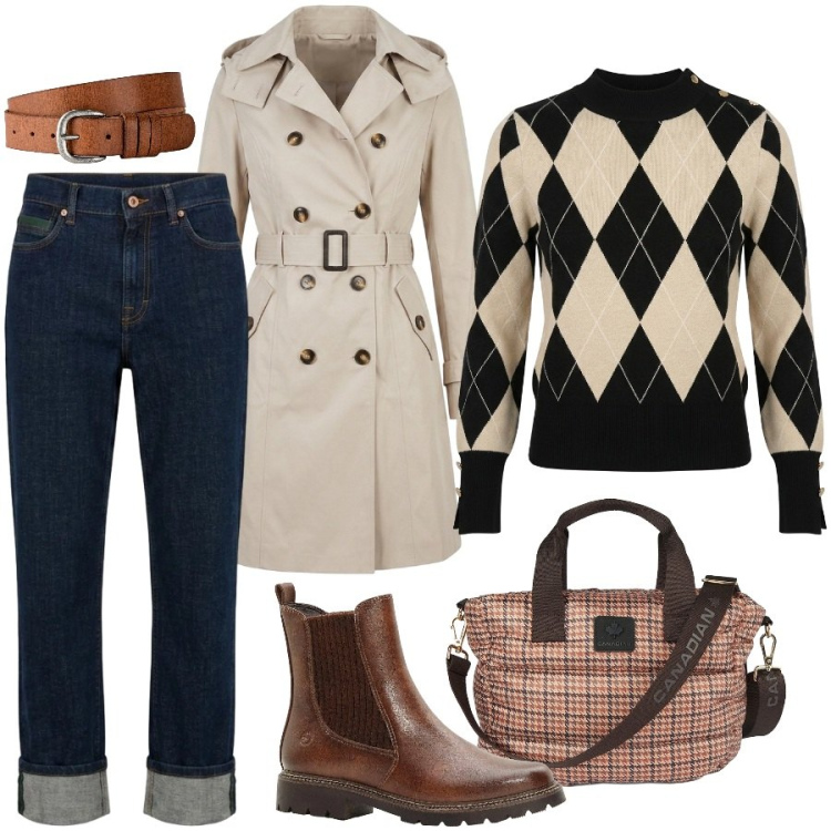 Outfit donna - London style. Stile Casual chic per Scuola/Università. Abbinamento con cinture, stivaletti, jeans dritti, borse tote, trench, pullovers.
