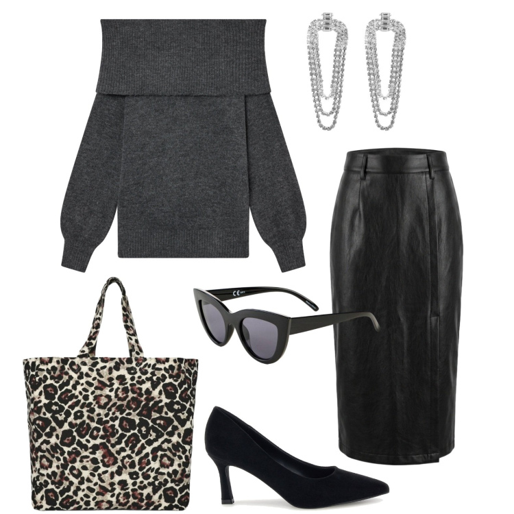 Outfit donna - Black mood. Stile Glamour per Tutti i giorni. Abbinamento con occhiali da sole, orecchini, maglieria, shopping bag, gonne longuette, décolleté.