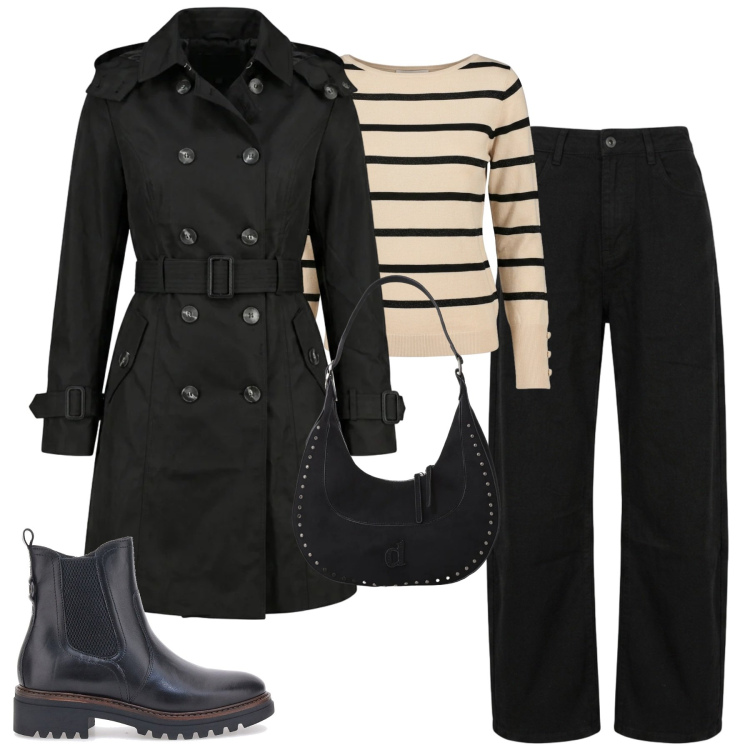 Outfit donna - Rainy days. Stile Casual chic per Tutti i giorni. Abbinamento con borse a spalla, trench, jeans, maglieria, stivaletti chelsea.