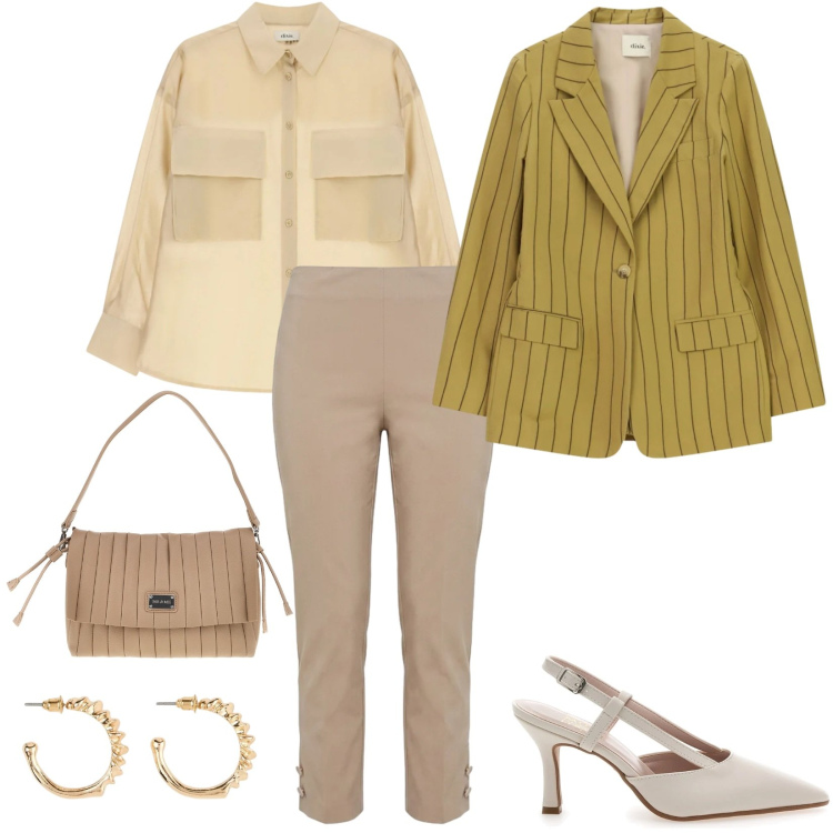 Outfit donna - Total look #2469466. Stile Chic per Serata fuori. Abbinamento con orecchini, blazer, camicie, pantaloni, décolleté, pochette.