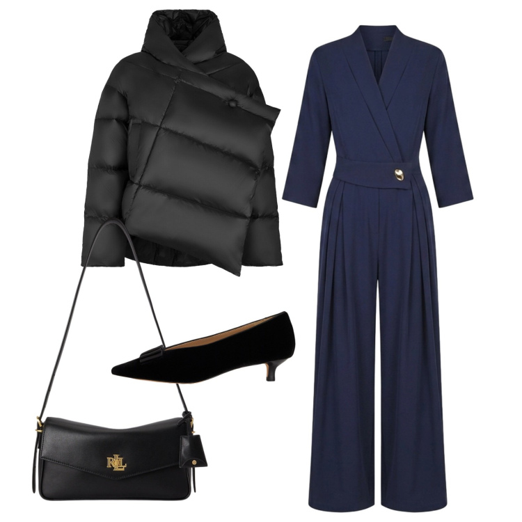 Outfit donna - Nero e blu. Stile Chic per Tutti i giorni. Abbinamento con tute, piumini, borse a spalla, décolleté.