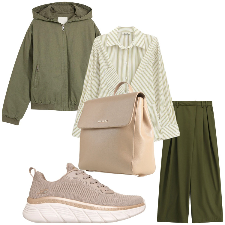 Outfit donna - Military day. Stile Casual per Ufficio. Abbinamento con zaini, blazer, camicie, pantaloni a palazzo, sneakers.