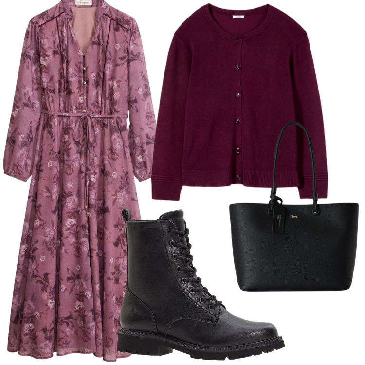 Outfit donna - Romantica. Stile Chic per Tutti i giorni. Abbinamento con stivaletti, vestiti chemisier, shopping bag, cardigans.