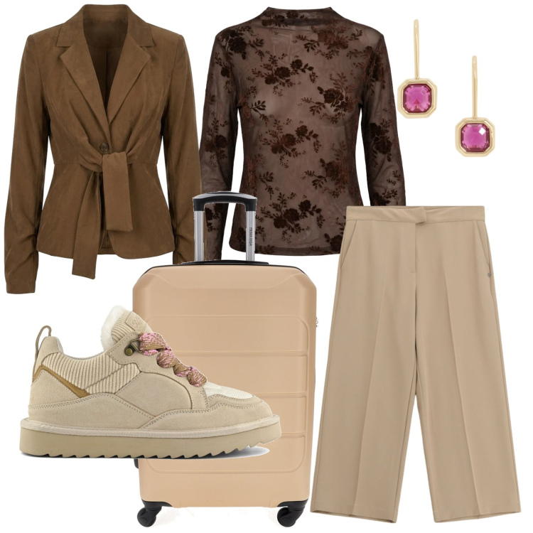 Outfit donna - Weekend brown. Stile Casual per Tutti i giorni. Abbinamento con pantaloni, blazer, t-shirt, orecchini, sneakers alte, valigie.