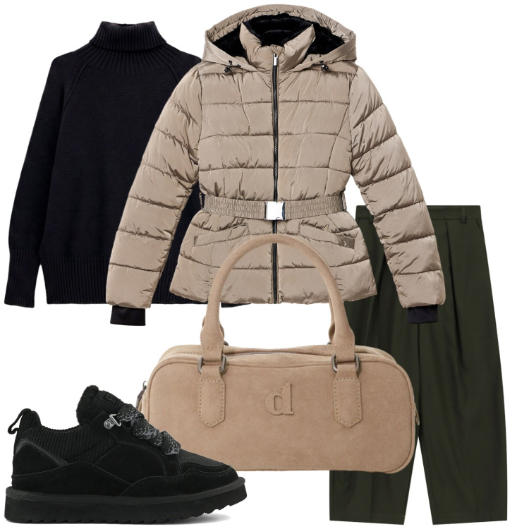Outfit donna - Borsa bauletto. Stile Glamour per Tutti i giorni. Abbinamento con pullovers, borse a mano, piumini, pantaloni, sneakers alte.