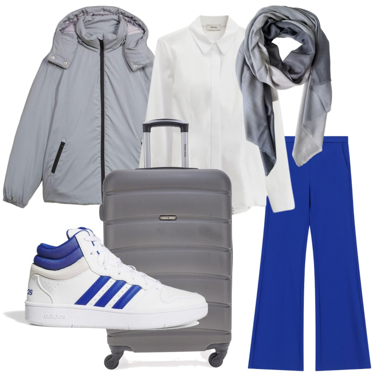 Outfit donna - Viaggiatrice sportiva. Stile Trendy per Tutti i giorni. Abbinamento con blazer, pantaloni, camicie, foulard, valigie, sneakers alte.