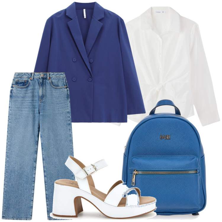 Outfit donna - Casual style. Stile Casual per Tutti i giorni. Abbinamento con jeans dritti, camicie, blazer, zaini, sandali col tacco.