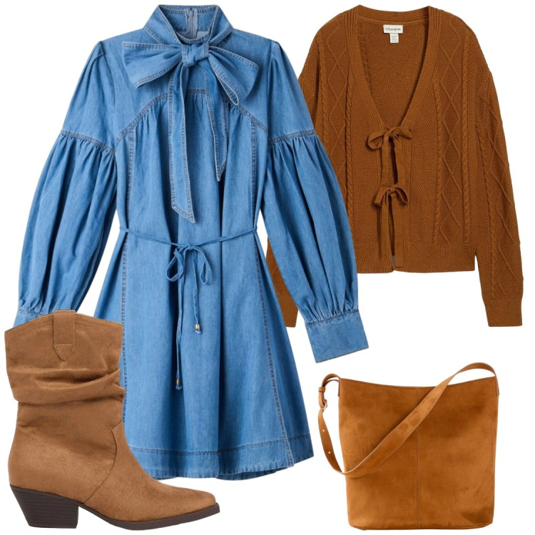Outfit donna - Romantica in autunno. Stile Chic per Tutti i giorni. Abbinamento con cardigans, borse a mano, stivaletti texani, vestiti chemisier.