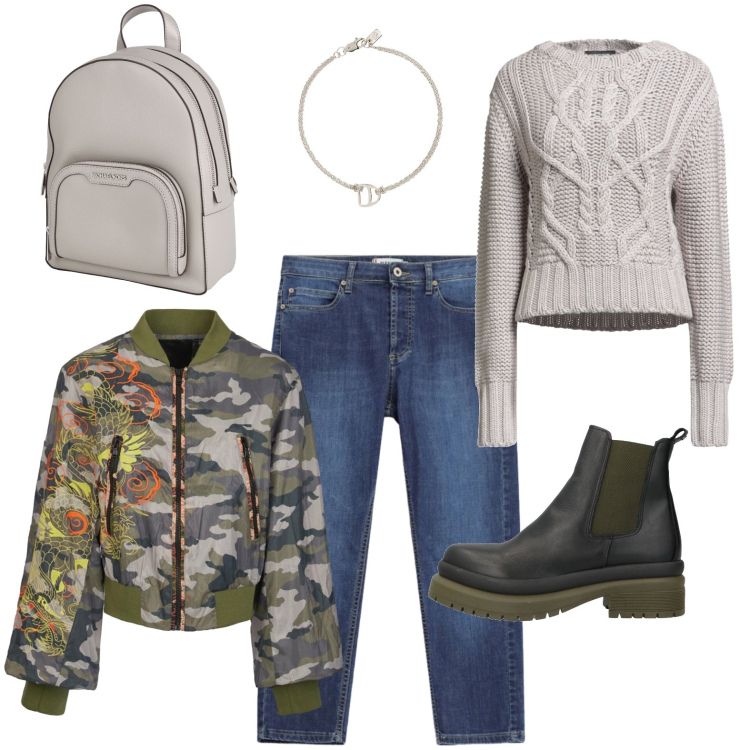 Outfit donna - Camouflage. Stile Urban per Tutti i giorni. Abbinamento con stivaletti, pullovers, zaini, jeans dritti, bomber, braccialetti con ciondoli.