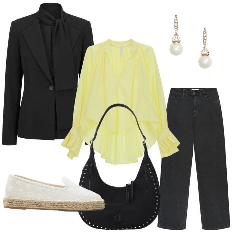 Outfit donna - Touch yellow. Stile Glamour per Ufficio. Abbinamento con espadrillas, camicie, borse a spalla, jeans, blazer, orecchini.