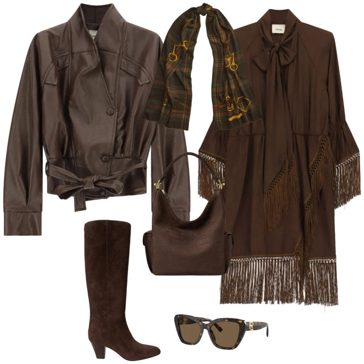 Outfit donna - Casual chic ufficio tempo libero. Stile Casual chic per Tutti i giorni. Abbinamento con vestiti corti, giacche, occhiali da sole, stivali, borse a spalla, sciarpe.