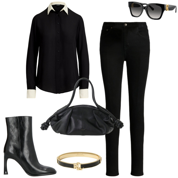 Outfit donna - City. Stile Casual chic per Tutti i giorni. Abbinamento con stivaletti, borse a mano, occhiali da sole, braccialetti, jeans skinny, camicie.