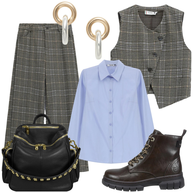Outfit donna - Elisa. Stile Casual chic per Tutti i giorni. Abbinamento con pantaloni, gilet, camicie, zaini, orecchini, anfibi.