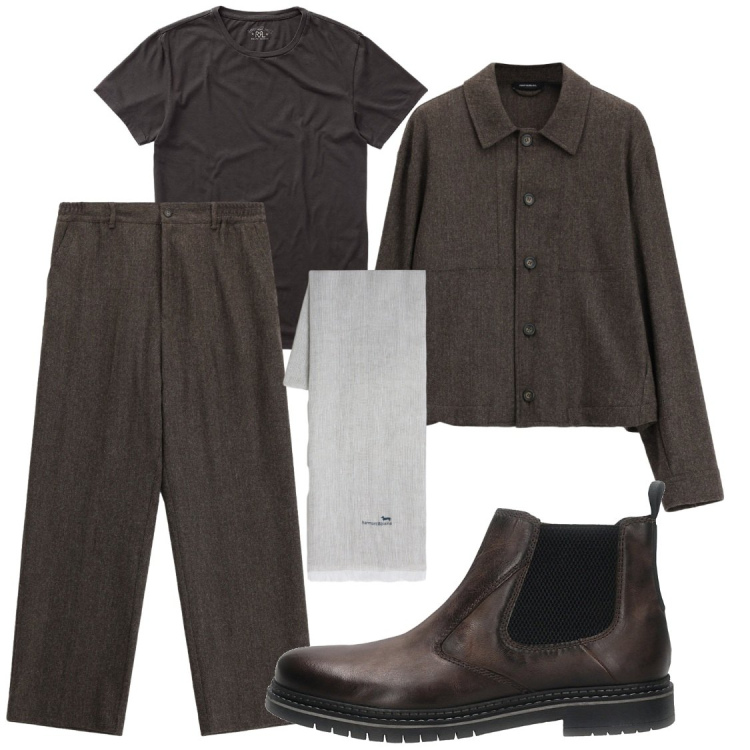Outfit uomo - Total look #2469502. Stile Trendy per Ufficio. Abbinamento con sciarpe, camicie, pantaloni, t-shirt, stivali e stivaletti.