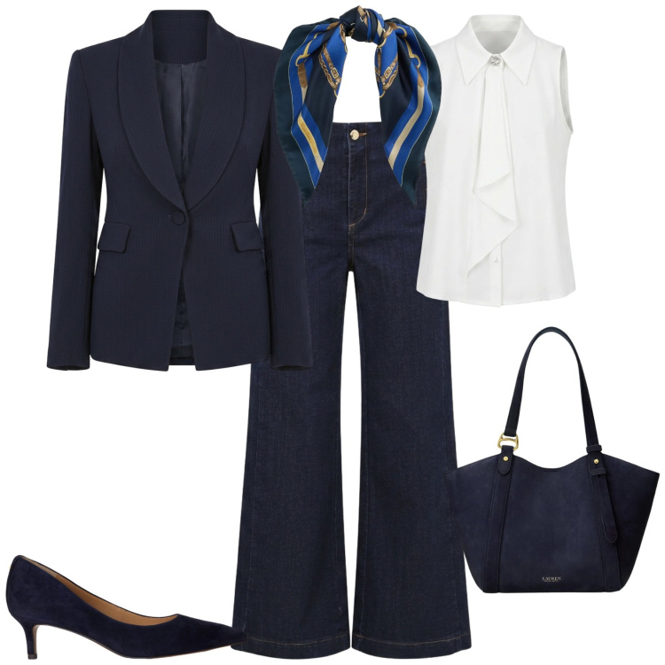 Outfit donna - Sporty chic ufficio tempo libero. Stile Casual chic per Tutti i giorni. Abbinamento con top, jeans, blazer, décolleté, borse tote, foulard.