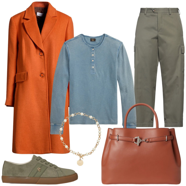 Outfit donna - Pranzo di lavoro. Stile Casual chic per Tutti i giorni. Abbinamento con cappotti, pantaloni cargo, sneakers, collane, borse a mano, t-shirt.