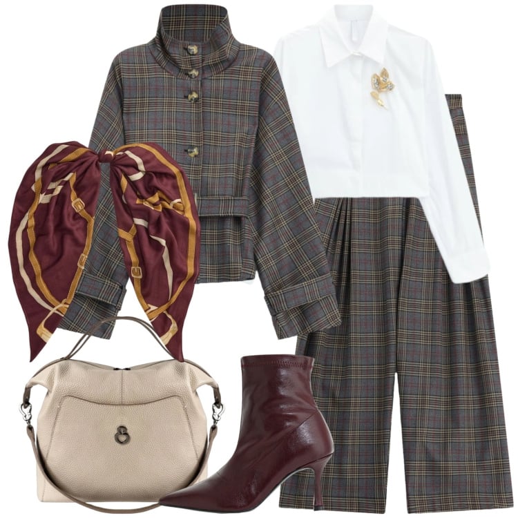 Outfit donna - Stivaletti bordeaux. Stile Glamour per Tutti i giorni. Abbinamento con camicie, cappotti, pantaloni a palazzo, stivaletti, borse a mano, foulard.